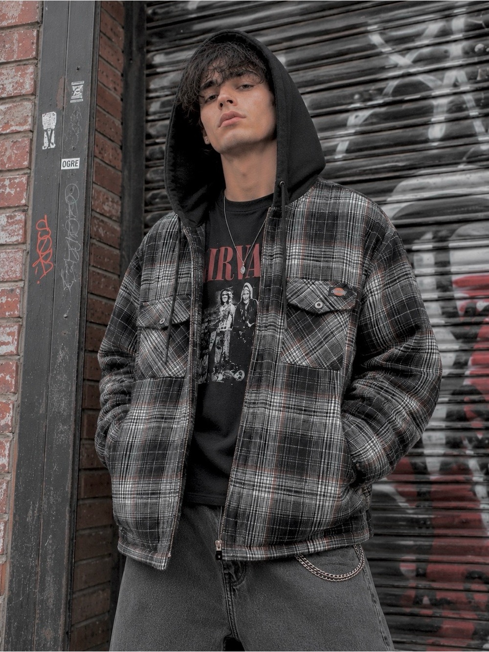 Dickies Hooded Flannel Shirt Jacket L Insulated Plaid Grunge Workwear Zip Coat